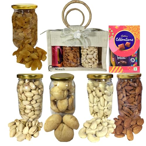 Image of NUTRI MIRACLE Diwali Gourmet Nuts Carry Bag Hamper | Corporate Jar Combo for Clients