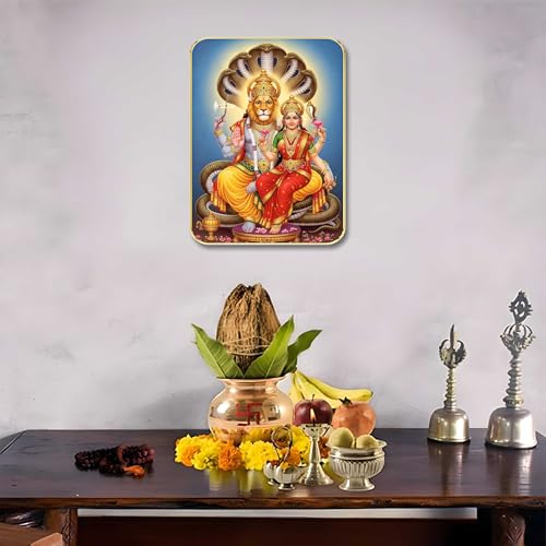 Image of SAF Lakshmi Narasimha Wall Art with Table Top Stand & Wall Hanging Hole | Premium MDF Narasimhar Lakshmi Painting for Home Mandir Office Vastu Protection Decor