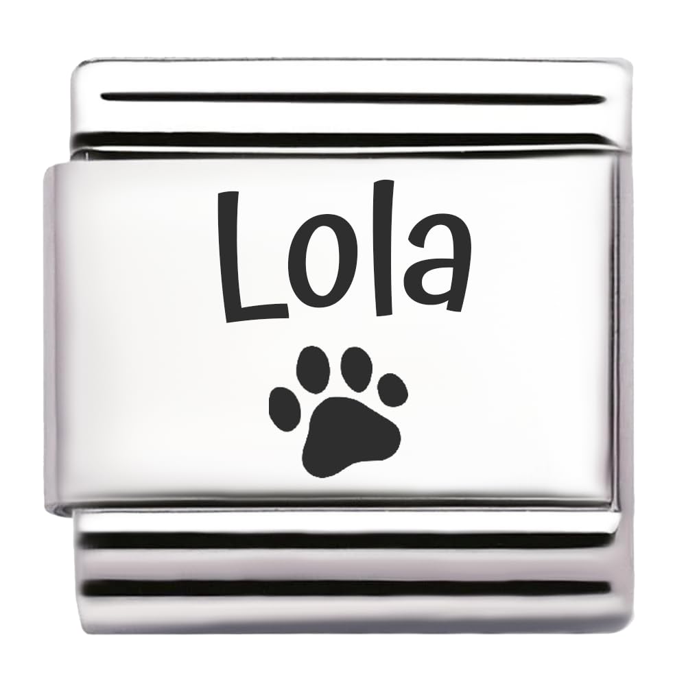 Pet Paw Name Personalised Custom Engraved Italian Charm Fits All 9mm Bracelet Links. Dog or Cat (Lola)