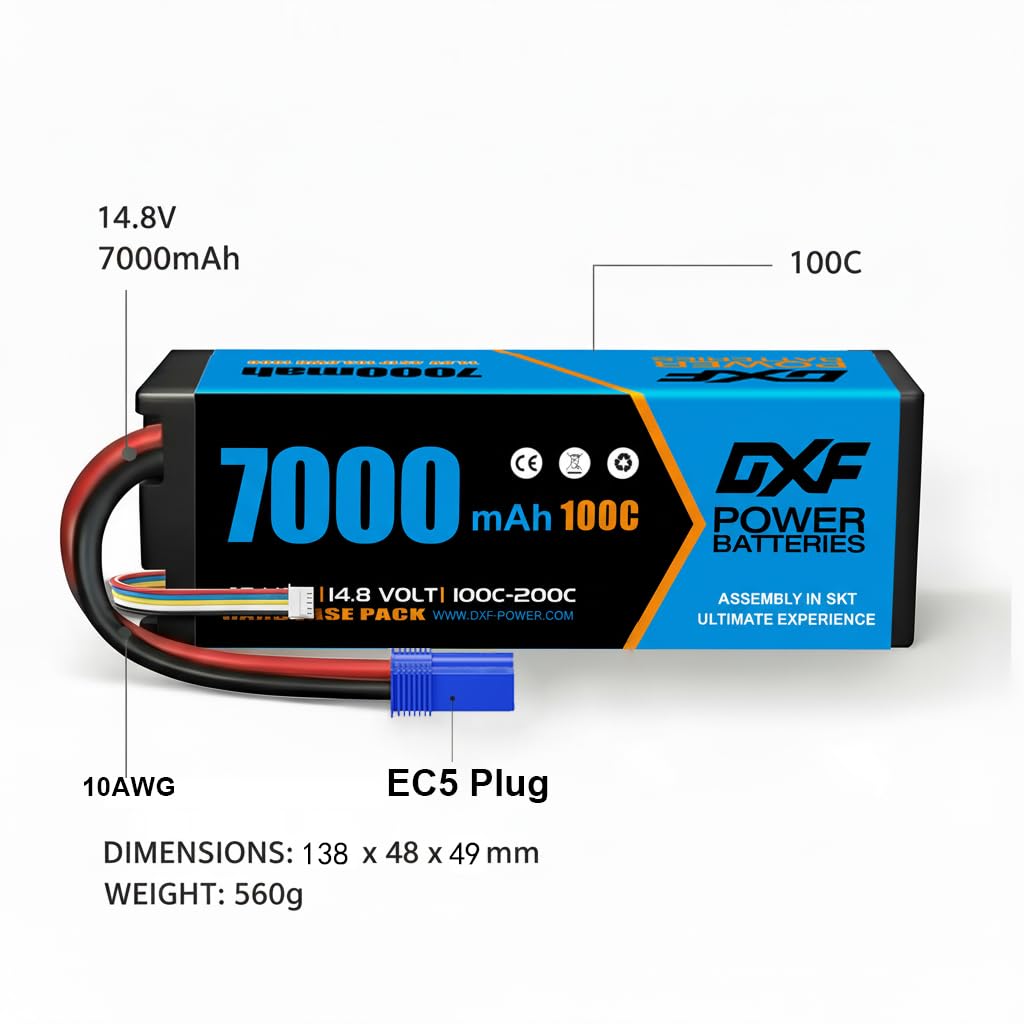 DXF 2 pacco batteria lipo 4s - potenza per veicoli RC: 14,8 V, 7000 mAh, 100 C, connettore EC5 - lipo 4s perfetta per Emaxx, Bandit, Losi e molti altri. - potente batteria lipo 4s per il massimo