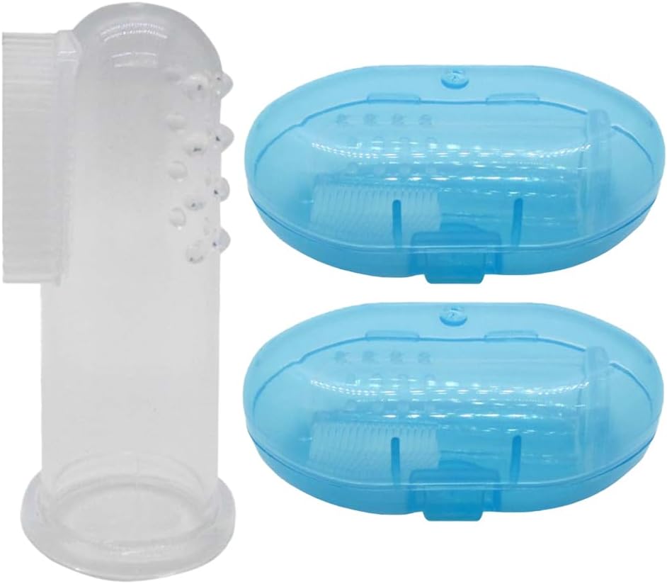 Escova de Dedo para Bebê (Conjunto com 2) - Escova de Silicone com 2 Cases Azuis - Treinamento Oral para Crianças - Massajador Oral para Recém-Nascidos - Higiene Bucal Fácil para Crianças e Animais de Estimação