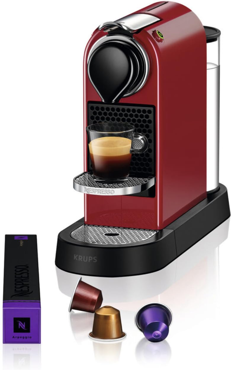 Krups Nespresso Citiz XN7415 - cafetera de cápsulas monodosis, con 19 bares de presión, thermoblock, función automática con botones retroiluminado, color granate, modo Eco, Incluye kit bienvenida