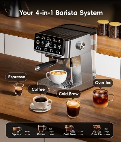 Image of ecozy 4-in-1 Espresso Machine and Coffee Maker Combo with Milk Frother, All in One with Cold Brew & Over Ice, Interactive Touch Screen, Brezzano Elite Series for Cappuccinos, Lattes, Americanos