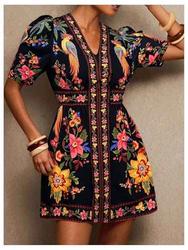 Image of RoseSeek Women's Boho Tropical Floral Dress V Neck Puff Sleeve Mini Dresses