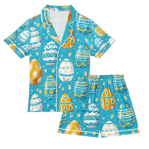 senya Watercolor Repeating Egg Satin Summer Pajama Sets Silk Short Sleeve Button Down Sleepwear