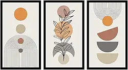 Kit 3 Quadros Decorativos com MOLDURA Geométrico Moderno com Folhagem e Círculos