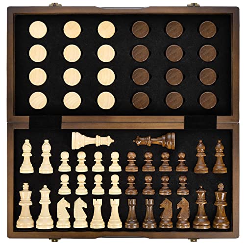 AMEROUS Magnetic Wooden Chess and Checkers Game Set, 15 Inches (2 in…