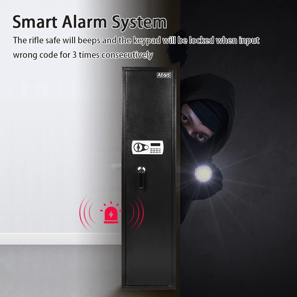 AEGIS gun safe with a red alarm icon and a person attempting to break in, illustrating the smart alarm system.