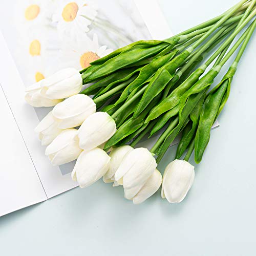 Ctuer 12Pcs Artificial Tulip Real Touch Tulip Flowers Fake Silk Flowers For Vases Wedding Home Room Party Decoration (White) #TOP4