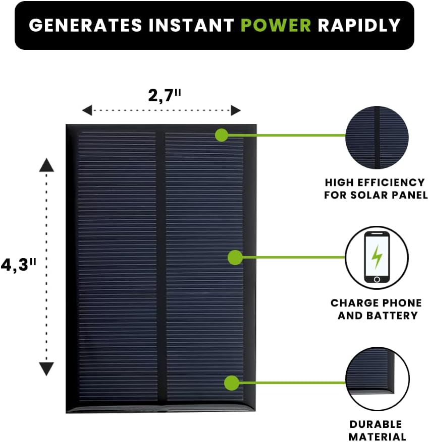 Solar panel with dimensions 2.7 inches by 4.3 inches, highlighting high efficiency and durable material