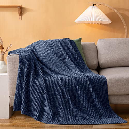 Aormenzy Blue Chenille Throw Blanket For Couch, Navy Knit Blanket Soft & Cozy Decorative Throw Blanket For Sofa Bed Chair #TOP2
