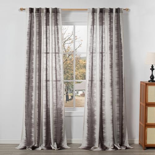 Image of MYSKY HOME 95 Inch Curtains Light Filtering Privacy Curtains & Drapes for Patio Door Living Room, Lines Linen Look Fabric Bohemian Draperies Soft Touch Decorative Curtains, 50 inch x 95 inch, Red, 2 PCs