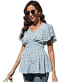 FUNJULY Maternity Shirts Women's V Neck Floral Maternity Tops Smocked Ruffle Hem Tunic Blouse for Wo