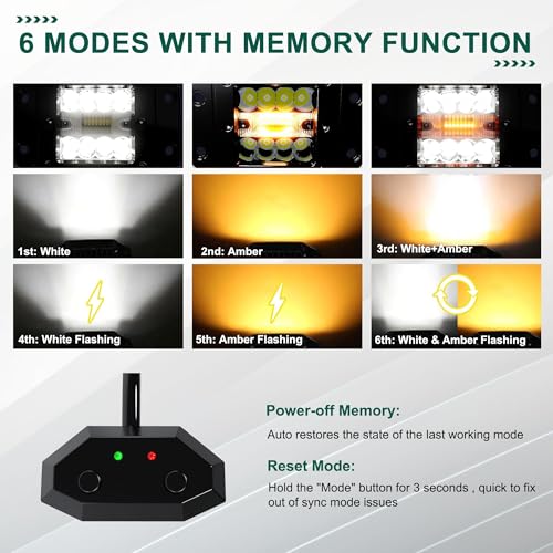 ASLONG 2PCS 5Inch LED Flush Mount Pods 6 Modes Amber/White Flasing Strobe Fog Lights Offroad Backup Light Reverse Light Grill Mount Light with Switch Wiring Harness for Truck UTV 4x4 Car, Black by ASLONG - Used condition - Image 3