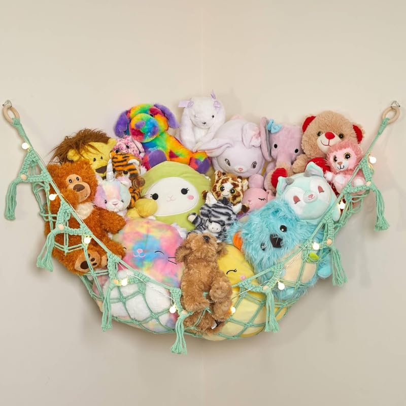 Lilly's Love Stuffed Animal Storage Macrame Hammock w/String Lights - Large, 2 Pack - Boho Decor Toy Storage - Corner Hanging Plushie Stuffed Animal Net Organizer (Mint)