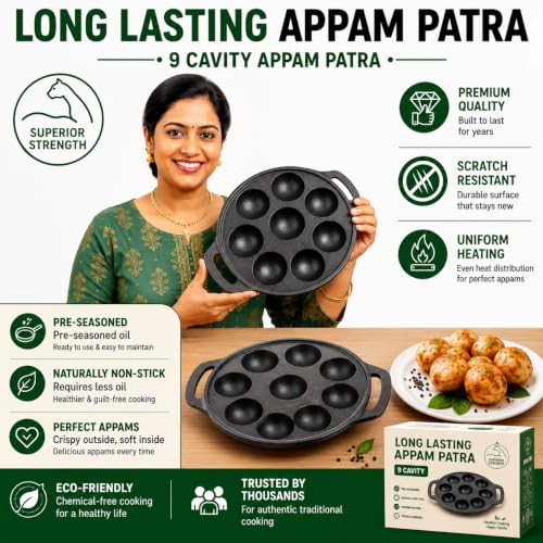 Image of Cast Iron 9 Cavity Paniyaram Pan | Pre-Seasoned Appam Patra, Kuzhi Paniyaram, Appe, Paddu, Ponganal, Litti & Pancake Maker | Naturally Non-Stick | Gas & Induction Compatible | 2 Side Handles (9 Pit)