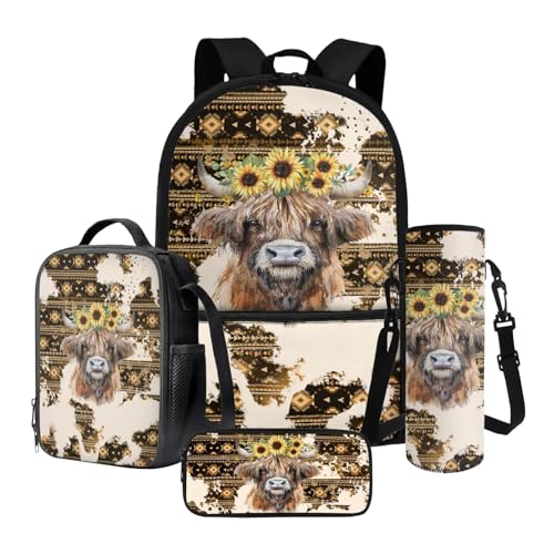 Highland Cow Print Backpack and Lunch Box for Girls Aztec Sunflower Print Kids Backpack and Pencil Case Set with Water Bottle Bag Crossbody 17 Inch Bookbag Set Back to School Supplies