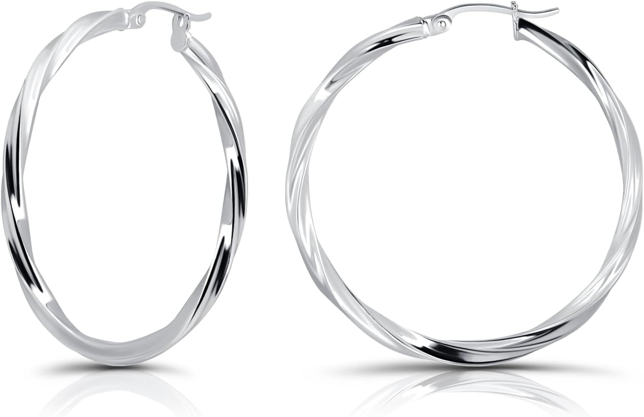 Hoops & Loops 925 Sterling Silver Twisted Hoop Earrings for Women - Hypoallergenic 14K Gold, Rose Gold, Black Flash Plated 2mm Thin Twist Design Round Click-Top Hoops, 15/20/25/30/35/40/50/60mm