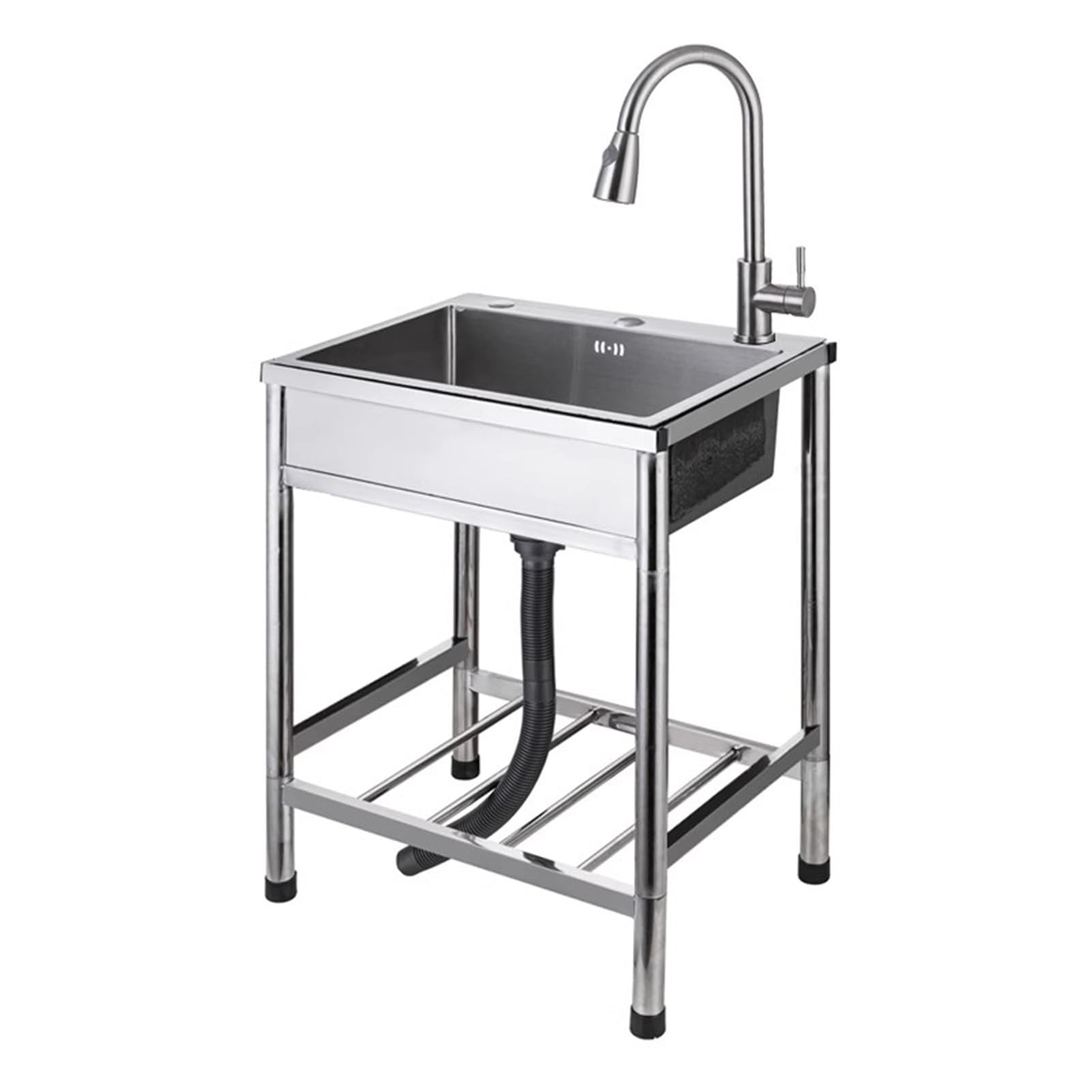 HCZKIUJY Kitchen Utility Sink,Commercial Stainless Steel Sink, Freestanding Utility Sink with Pull Out Faucet + Storage Shelf for Restaurant Laundry Kitchen (Silver-60x45cm)