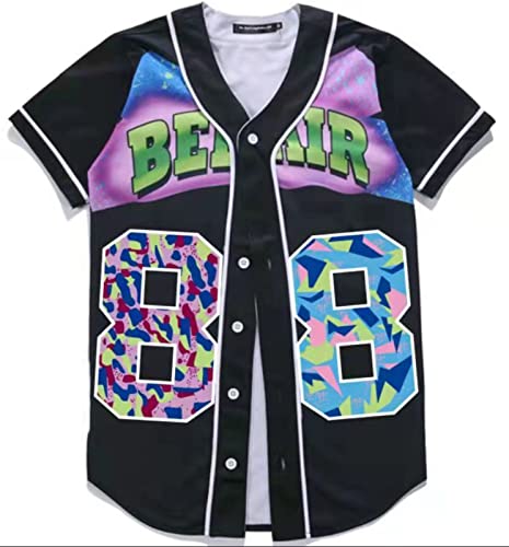 Men and Women Bel Air Jersey Baseball Jersey 90'S Theme Party Hip Hop Short Sleeve Graffiti Shirt for Clubs and Bars 3-X-Large