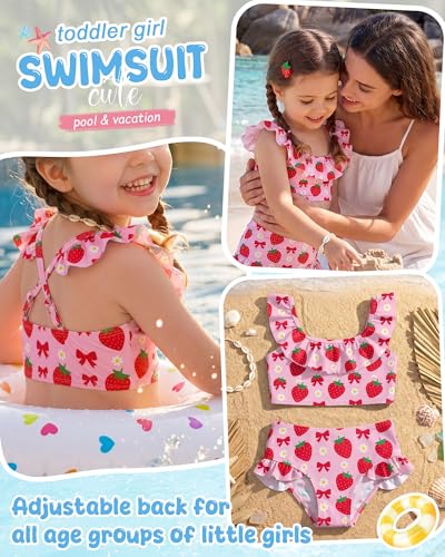 Image of Xaatren Toddler Girl Swimsuits 2 Piece Kids Ruffle Trim Bathing Suit with Adjustable Strap Summer Cute Tankini for 2-8 Years