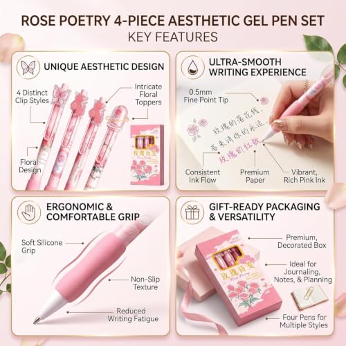 Image of Alokik Luxury Gel Pens and Highlighter 5pcs black Color pen + 1 pcs highlighter Coordinated Design, Signature Pen Set, Writing School Supplies (Rose Poetry Gel Pen Set of 4)