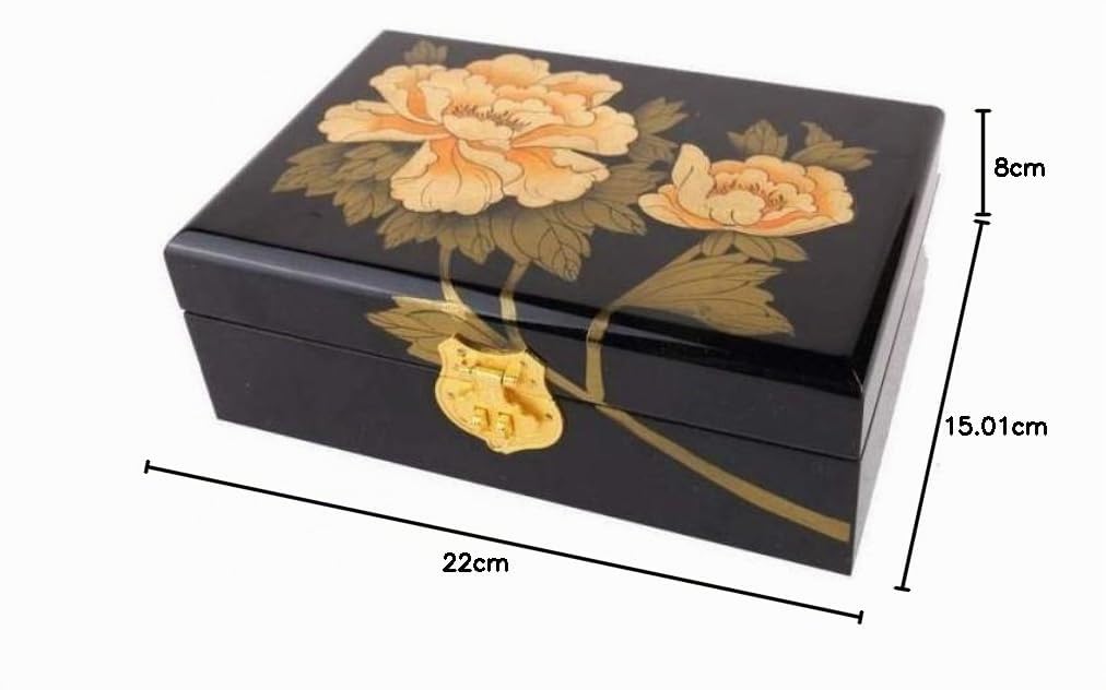 lachineuse - Schmuckkästchen mit goldener Pfingstrose - Aufbewahrungsbox aus lackiertem Holz - Schmuck- und Geheimbox - Chinesisches Dekor - Geschenkbox für Damen - Geschenkidee - 21 x 14 x 7 cm