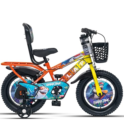 Image of Shark Tank 14T Kids Bicycle for Boys & Girls with Inbuilt Carrier, Front Basket, PU Soft Seat, Full Chain Cover & Stylish Wheelcards (Yellow /Orange)
