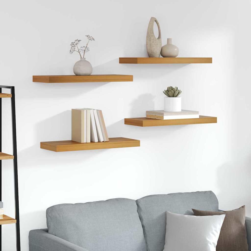 Regał ścienny, montowany na ścianie, zestaw 4 sztuk, brązowy, 60 x 23 x 4 cm, materiał drewnopochodny, nowoczesny design do salonu, sypialni, kuchni