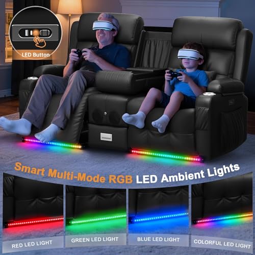 Image of Home Theater Seating, Power Loveseat Recliner Sofa with Massage & Heat, Wall Hugger Reclining Loveseat with USB, RV Couch with LED Lights, Flip Backrest, Cup Holders for Movie Theater & Gaming Room