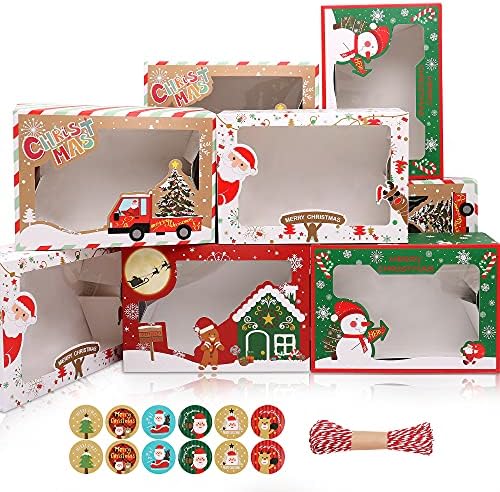 MAMUNU 12PCS Christmas Cookie Boxes with Clear Window Paper Xmas Gift Cupcake Treat Sweet Candy Boxes with Stickers and Paper Ropes for Christmas Party Supplies, 22.5 x 15.5 x 7CM