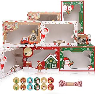 MAMUNU 12PCS Christmas Cookie Boxes with Clear Window Paper Xmas Gift Cupcake Treat Sweet Candy Boxes with Stickers and Paper Ropes for Christmas Party Supplies, 22.5 x 15.5 x 7CM