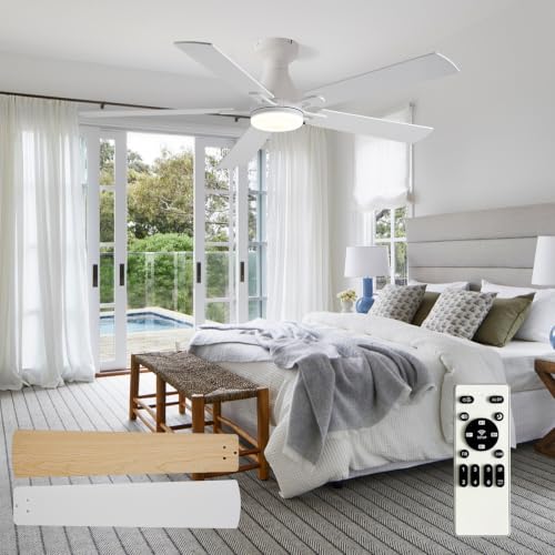 Image of Depuley Modern Ceiling Fan with Light: 42-Inch White Flush Mount Fandelier | Bedroom Indoor Outdoor Use, 5 Reversible Wood Blades, 6 Fan Speeds, Timing Function, Dimmable 3CCT, Remote Control Included