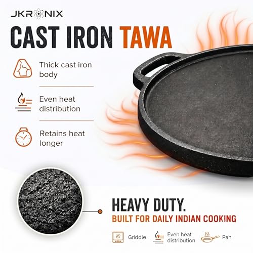 Image of Pre-Seasoned Cast Iron Dosa Tawa with Handle, 30 cm, Naturally Non-Stick Cookware for Roti, Chapati, Chilla & Uttapam, Heavy Duty Griddle, Gas Stove & Induction Compatible (Normal)