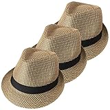 3 Pack Fedora Hats Men Straw Short Brim Panama Style Cap Sun Summer Beach Hats Unisex Women 58cm (Kh