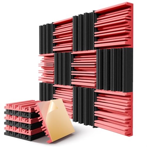 12 Pack Acoustic Foam Panels for Walls, 12" x 12" x 2" Soundproof Wall Panels, Self-Adhesive Soundproofing Padding, High Resilience Sound Absorbing Panels for Home Studios, Offices - Black & Red