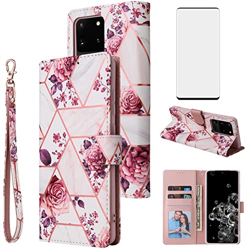 Asuwish Compatible with Samsung Galaxy S20 Ultra Glaxay S20ultra 5G Wallet Case and Tempered Glass Screen Protector Flip Card Holder Stand Phone Cases for Gaxaly 20S S 20 A20 20ultra G5 Men Rose Gold