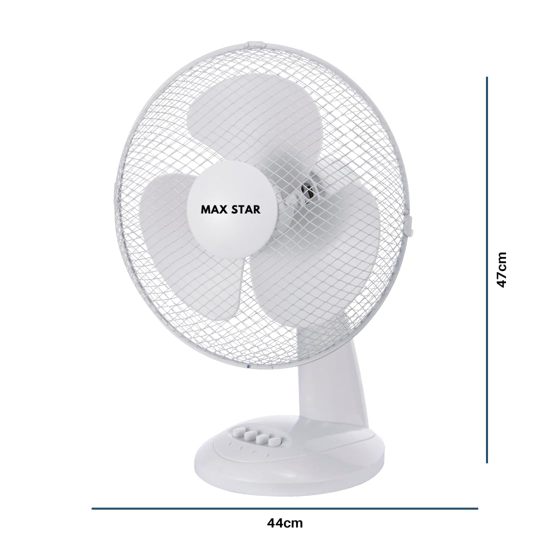 Max Star - Ventilador de Sobremesa 16" MS-2416 Potente 40W Silencioso, Rejilla Protectora, 3 Velocidades, Anti-Vuelco, Portátil, Ventilación, Hogar, Oficina, Habitación, Salón