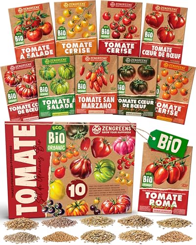 ZenGreens® - Kit de graines de tomate bio - 10 variétés pour une culture facile dans le jardin, sur le balcon ou dans une jardinière surélevée - Semences légumes