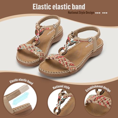 Image of Littleplum Women Sandals Arch Support Handmade Bohemian Braided Flat Sandals Comfort Walking Beach Ankle Elastic Summer Shoes
