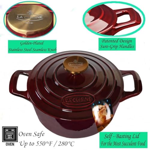 La-Cuisine-Enameled-Cast-Iron-Dutch-Oven-Casserole-Pot-with-Lid-65-QT-Matte-Black-Enamel-Interior-Cranberry-Enamel-Coating-Exterior-Gold-Plated-Stainless-Steel-Lid-Handle-Oven-Safe
