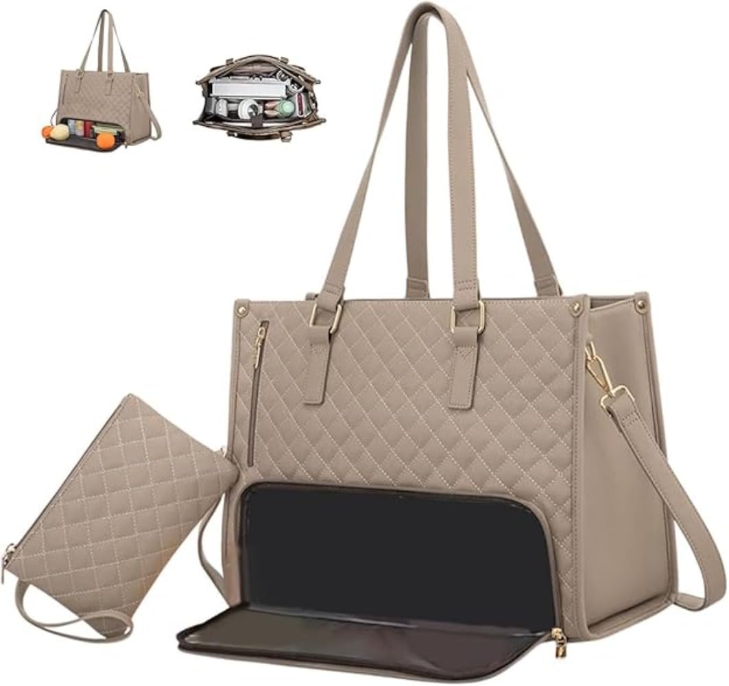 Gresonic Lunch 2 in 1 Tote Bag for Women, 15.6 Inch Laptop Bag with Insulated Lunch Compartment, Quilted Large Capacity Computer Handbag with Purse (Khaki)