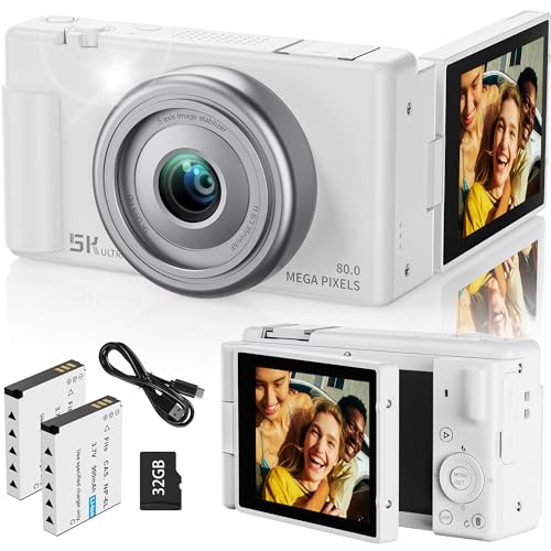True 5K Digital Camera for Photography, Autofocus 80MP with 18X Digital Zoom 3' 270°Flip Screen Dual-Lens Selfie Camera for YouTube Vlogging & Content Creation, 2 Batteries, 32GB Card & Flash，White