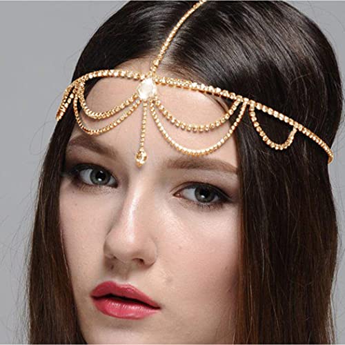 Runmi Diadema de borla bohemia para novia, con perlas doradas, para festivales, cadena de frente, accesorios para el cabello para mujeres y niñas… (Gold) Cover