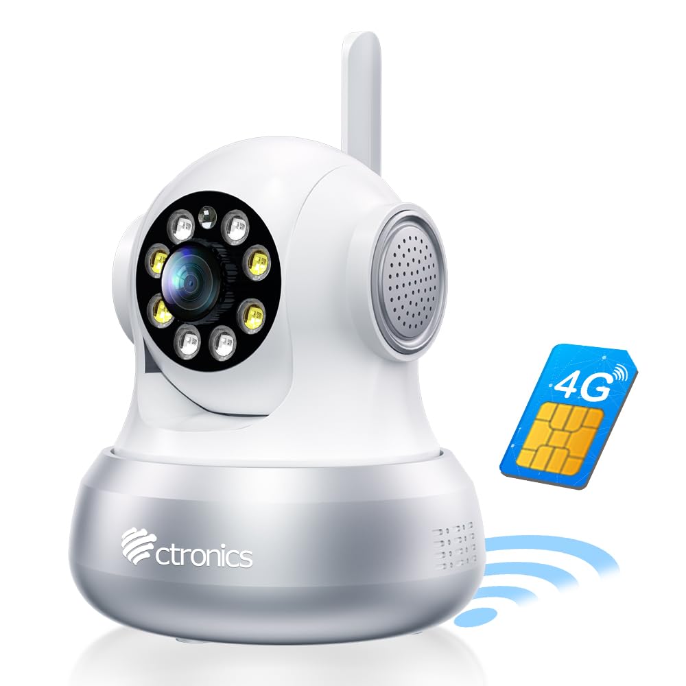 Ctronics 4G Telecamera Interno con SIM, Tracciamento Automatico | Visione Notturna a Colori 20 m, PC/App, 8 Posizioni, FTP/Cloud, 360° PTZ, Audio Bidirezionale, Montaggio Parete/Soffitto