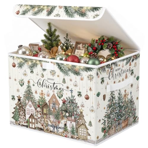 Image of Briwooody Neutral Christmas Storage Bin with Lid and Carrying Handle Christmas Tree Foldable Storage Box Large Xmas Decorative Collapsible Container Basket for Organizing Closet Home Bedroom Gift