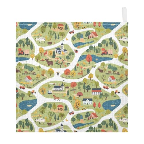 vvfelixl Baby Muslin Washcloths Cartoon Countryside Map Baby Burp Cloths Cotton Babys Face Towel for Newborn Infants Boys Girls Soft and Absorbent 11.8 X 11.8 in, 3 Pack