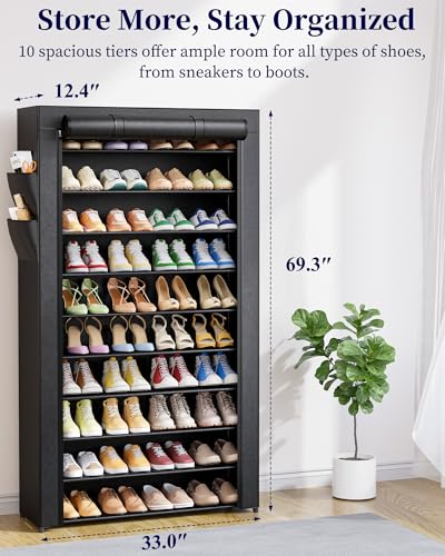 Kitsure Shoe Rack - 10-Tier Shoe Organizer with Zippered Dust Cover & Side Pockets, Easy to Assemble, Space Saving Shoe Rack for Closet, Entryway, Living Room, 33\" x 12.4\" x 69.3\", Black