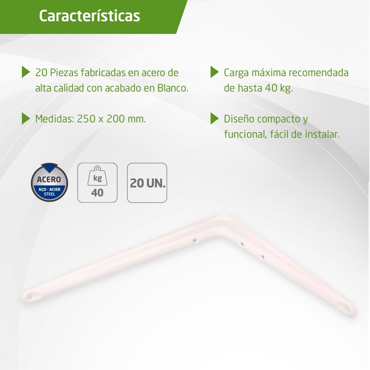 Amig - Pack Soportes para Estantería de Pared - 20 piezas - Escuadras en Acero - 250X200 mm - Color Blanco - Ángulo para Estantes - Soporte para Baldas - Fácil instalación