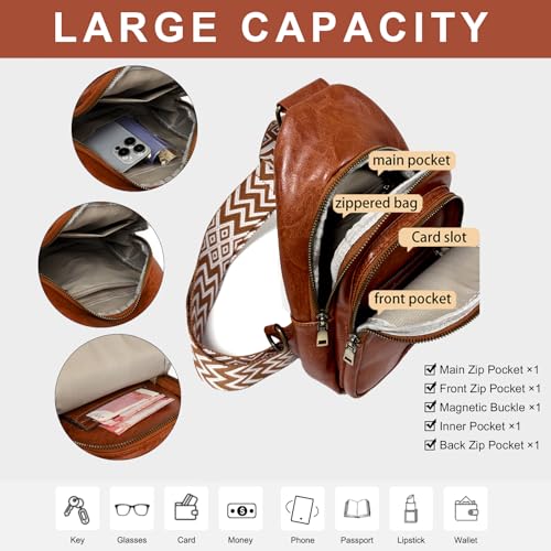 Image of FAYBA Small Sling Bag for Women Crossbody Fanny Pack, PU Leather Wide Guitar Strap Chest Sling Backpack Purse Brown